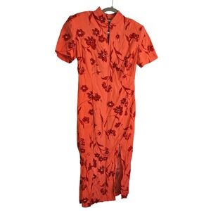Vintage Style Orange Floral Mandarin Collar Cheongsam Qipao Midi Dress Womens